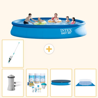 Intex Rond Opblaasbaar Easy Set Zwembad - 457 x 84 cm - Blauw - Inclusief Pomp - Onderhoudspakket - Afdekzeil - Grondzeil - Stofzuiger - 6-delig