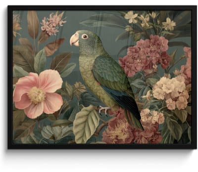 Poster in lijst - Fotolijst 80x60 cm - Posters - Groene papegaai - Kleurrijke bloemen - Donkere achtergrond - Posterlijst zwart - Decoratie - Wanddecoratie woonkamer - Muurdecoratie slaapkamer