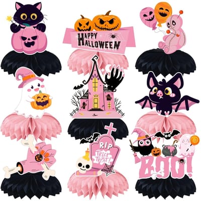 1 set/9 pièces Ornement en nid d'abeille sur le thème d'Halloween rose, Décoration en nid d'abeille pour fête de vacances, Fournitures de décoration pour fête d'Halloween Pack of 9
