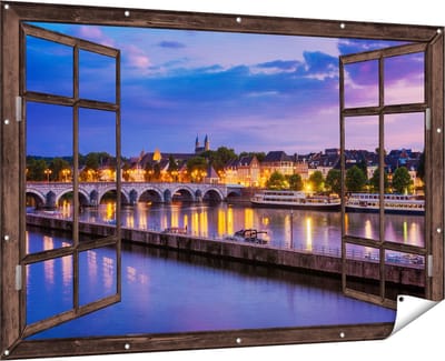Gards Tuinposter Doorkijk Maastricht Maas Rivier bij de Sint Servaasbrug - 180x120 cm - Tuindoek - Tuindecoratie - Wanddecoratie buiten - Tuinschilderij