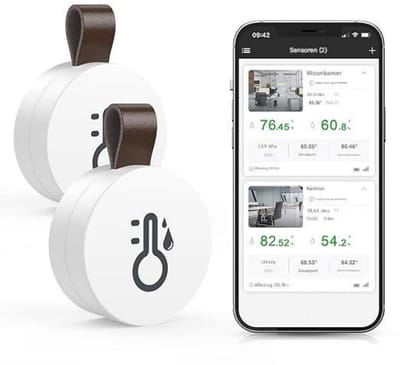 GELLDG 2 Stuks Buitenthermometer - Draadloze Bluetooth Thermometer Hygrometer - Digitale Temperatuur en Vochtigheidssensor met APP en Datenslag - Geschikt voor Huis, Kantoor, Broeikas en Wijnkelder - Kunststof - Incl. 2 Sensoren