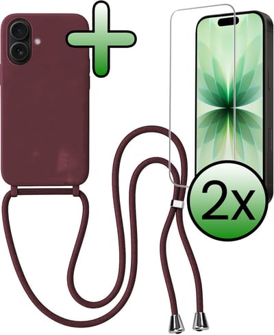 Hoes Geschikt voor iPhone 17 Hoesje Met Koord Met 2x Screenprotector - Telefoonhoesje Geschikt voor iPhone 17 Backcover Met Afneembaar Koord - Aubergine