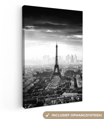 Canvas schilderij - Parijs zwart wit 20x30 - Kamer decoratie accessoires - Schilderijen woonkamer steden - Wanddecoratie slaapkamer - Muurdoek - Muurdecoratie keuken - Wanddoek interieur binnen - Woondecoratie huis - Woonaccessoires