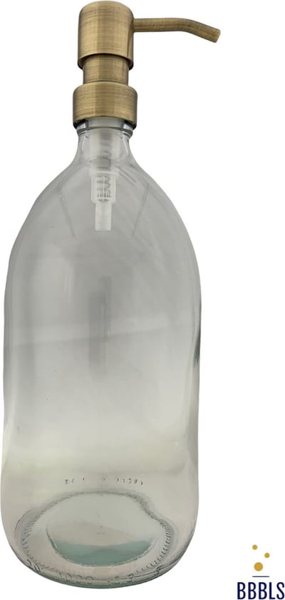 BBBLS® Design Dispenser "Blanco" | Transparant Glas | 1 liter | RVS / Metaal Pomp Goud | Zeeppomp | Zeepdispenser | Zeephouder