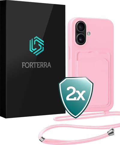 Hoesje Geschikt voor iPhone 17 Pashouder Case Siliconen Hoes Met Koord - Hoes Geschikt voor iPhone 17 Met Telefoonkoord Hoesje Back Cover Met Pasjeshouder - Lichtroze - 2 PACK