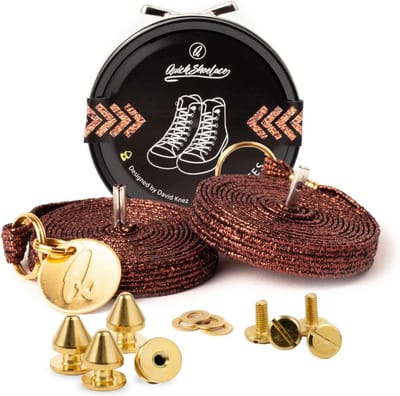 Quick shoelaces - Met één hand veters strikken - Prestige - Gecoat met een laagje 24k goud - Prestigo - Schoenveter met fixatie spikes - Bruin met glitter