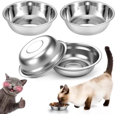 Set van 4 Rvs Honden- en Kattenbakken, Ondiepe Schalen voor Kleine Honden en Katten, Vaatwasmachinebestendig, 16 cm, Ideaal voor Voeding en Water