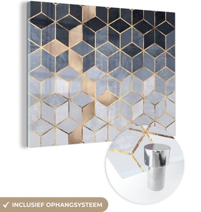 MuchoWow® Glasschilderij 120x90 cm - Schilderij acrylglas - Kubus - Goud - Luxe - Patronen - Foto op glas - Schilderijen