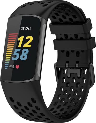 Siliconen Smartwatch bandje - Geschikt voor Fitbit Charge 5 siliconen bandje met gaatjes - zwart - Strap-it Horlogeband / Polsband / Armband