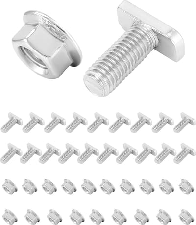 Set van 20 M10 x 25 Schroeven met T-nuten en Flensmoeren van RVS A2-70 voor Zonnepaneel Montage