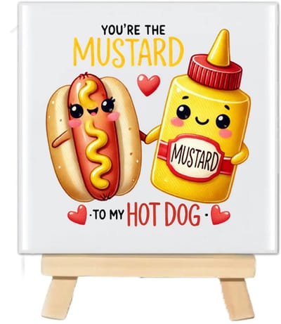 Tegeltje met tekst en schattig Kawaii food - You are the Mustard to my Hotdog - 10x10cm - inclusief houten standaard