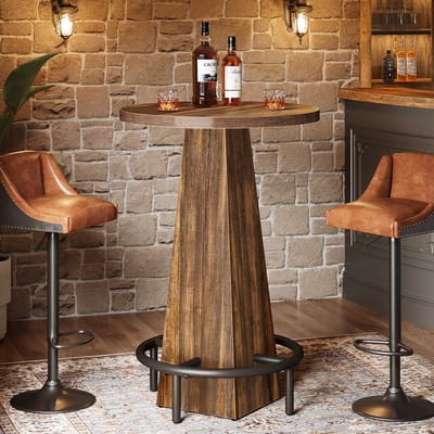 LITTLE TREE Bistrostijl Ronde Tafel - 60 X 60 X 95 cm - Houten Cocktailtafel met Metalen Ringvoetsteun - voor Eetkamer & Café - Bruin​