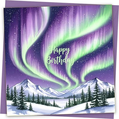 Gothic verjaardagskaart met paarse envelop - Aurora Borealis