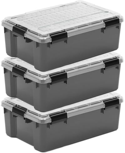 IRIS Outdoor Opbergbox met polycarbonaat deksel - 30L - Extra Strong - Met Clips - Waterdicht en Luchtdicht - Grijs/Transparant/Zwart - Set van 3