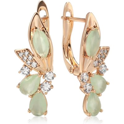 Kienl Nouvelle Boucle d'Oreille Longue en Zircon Naturel Vert pour Femmes Couleur Or Rose Boucle d'Oreille Pendant Fleur Vintage Bijoux Quotidien de Haute Qualité beige