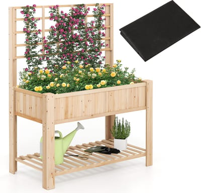 COSTWAY Verhoogd bloembed met latwerk en plank, bloembed met afvoergaten, tuinbed, plantenbak, hout, bloembak met rankrooster voor klimplanten, tuin, balkon, terras, 116 x 59 x 150 cm, naturel