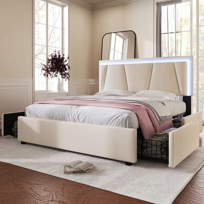 KOMHTOM Bed Tweepersoonsbed 160x200 cm Gestoffeerd bed met LED-verlichting en 2 laden In hoogte verstelbaar hoofdbord Beige