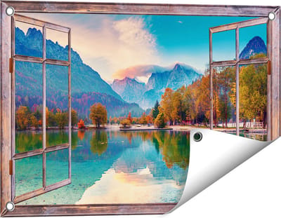 Gards Tuinposter Doorkijk Meer - 60x40 cm - Tuindoek - Tuindecoratie - Wanddecoratie buiten - Tuinschilderij