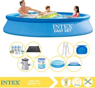 Intex Rond Opblaasbaar Easy Set Zwembad - 305 x 61 cm - Blauw - Inclusief Pomp - Solarzeil - Onderhoudspakket - Filter - Grondzeil - Solar Mat - Ladder - Voetenbad - 9-delig
