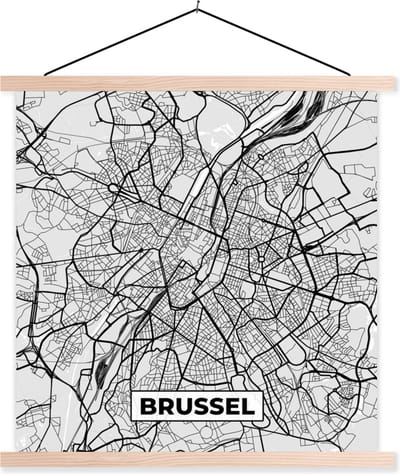 Posterhanger incl. Poster 40x40 cm - Schoolplaat - België – Brussel – Stadskaart – Kaart – Zwart Wit – Plattegrond - Textielposter - Blanke latten - Stadskaart