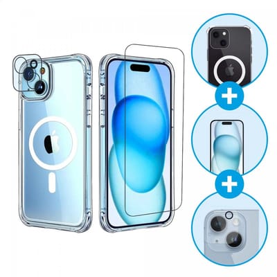 Hoesje + Camera & Screenprotector Geschikt voor iPhone 15 - Back Cover Compatibel met MagSafe - Case Schokbestendig Doorzichtig + 9H Tempered Glass & Camera Lens Protector - 360° Bescherming