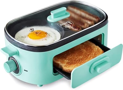 Ontbijt Maker - 3-in-1 Apparaat - Snel Ontbijt Maken - Dubbele Grill Compartimenten - 350 Watt - Turquoise