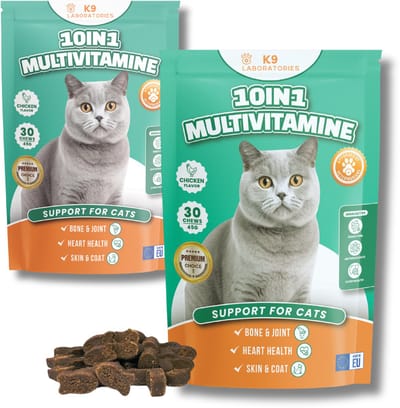 10 in 1 Multivitamine voor katten - voedingssupplement kat - voor gewrichten, weerstand, huid en vacht, spijsvertering - 100% natuurlijk - Kattensnoepjes - 60 stuks