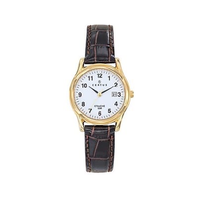 Certus-Dameshorloge-model-646330-goudkleurig-datum-donkerbruin leder-5 atm waterdicht-diameter 28 mm-duidelijke wijzerplaat-made in france