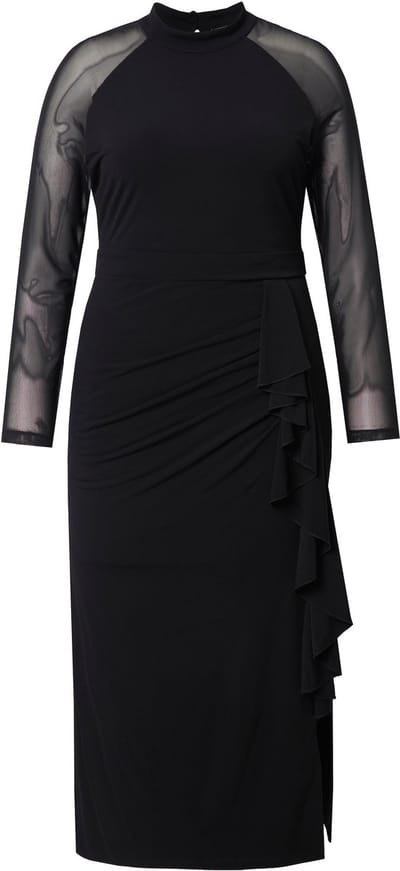 Ulla Popken - Dames - Maxi-jurk gedrapeerde opstaande kraag lange raglanmouwen - Zwart - Maat 52