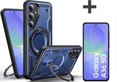 Hoesje Geschikt voor Samsung Galaxy A36 met gehard glas Screenprotector - Armor hoes met Ringhouder - Arara backcover - Navy