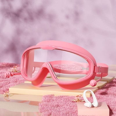 zwembril met anti-condens breed zicht lens, lekvrij en waterdicht, zachte neusbrug en ingebouwde oordopjes voor jongens en meisjes (roze)