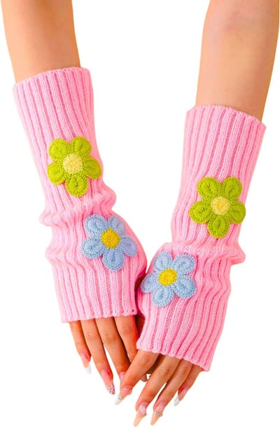 Roze Polswarmers met Bloemen - 30CM - Lange vingerloze handschoenen van acryl