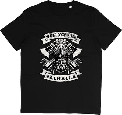 T Shirt Viking Grunge Print en Tekst: See You In Valhalla - Zwart - Maat S