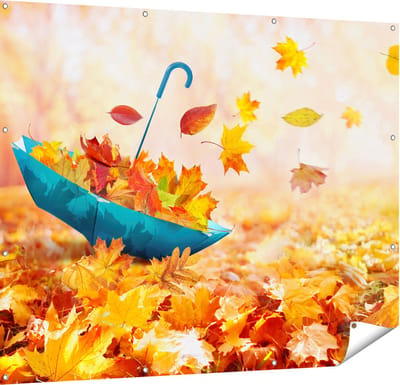 Gards Tuinposter Blauwe Paraplu in de Herfstbos met Bladeren - 150x120 cm - Tuindoek - Tuindecoratie - Wanddecoratie buiten - Tuinschilderij