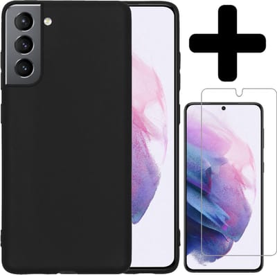Hoesje - Met Screenprotector - Geschikt voor Samsung Galaxy S21 - Sterk & Shockproof - Back Cover - Siliconen Case - Telefoon Hoes - Telefoonhoesjes - Zwart