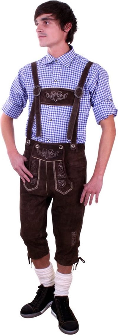 KIMU® Driekwarts Lederhosen Bruin Echt Leer - Maat 48 M - Oktoberfest Suede Tiroler Donkerbruine Leren Heren Lederen Broek Tirol Lange Lederhose Bierfeest Festival