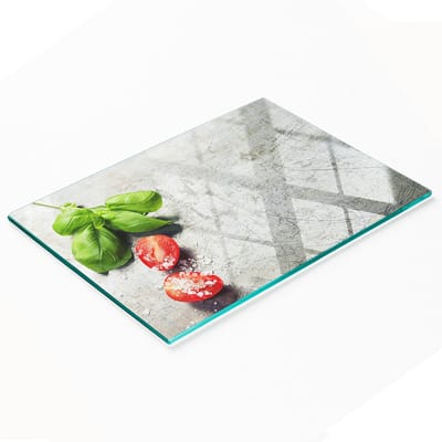 Decoratieve glazen snij- en serveerplank met tomaten- en basilicummotief, 80x52 cm