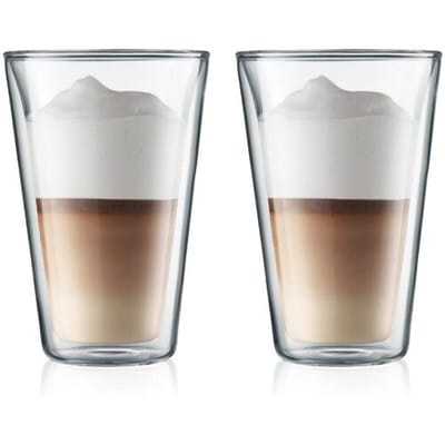 Bodum Dubbelwandige Latte Macchiato Glazen Canteen – 400 ml – 2 Stuks – Gemaakt van Borosilicaatglas met Gepatenteerd Ventiel – Thermisch Isolerend en Condensvrij – Ideaal voor Latte, Thee, Iced Coffee of Warme Chocomelk – Modern Design zonder Oor