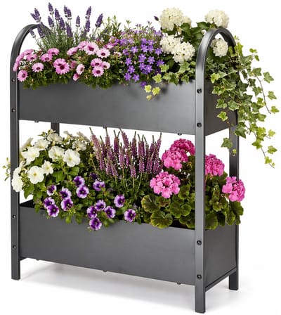 Pro Garden plantenrek / plantenbak - metaal - donkergrijs - 75 x 60 x 22 cm - 2 laags - bloembak