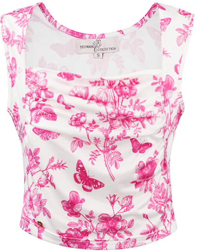 Modieuze Mouwloze Top met Asymmetrische Hals en Botanische Print - Fushia - Maat L