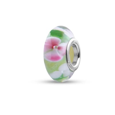 Quiges - Glazen - Kraal - Bedels - Beads Groen met Wit Roze Bloemen Past op alle bekende merken armband NG651