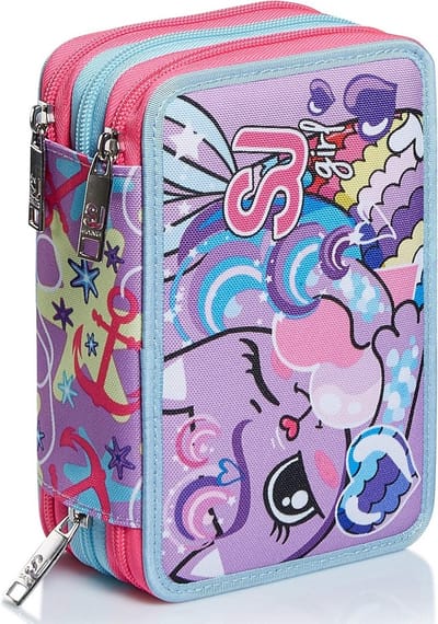 Etui met 3 compartimenten, Fantasy, roze, inclusief pennen, kleurpotloden en stiften