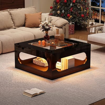 Pugsdrly Vierkante salontafel 70*70*35 cm, salontafel met holle midden, salontafel met blad van gehard glas, glanzende bijzettafel met LED-verlichting, kersttafel, zwart, MDF