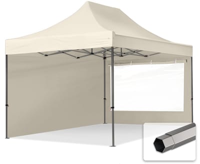 3x4,5m Easy Up partytent Vouwpaviljoen, PREMIUM staal 40mm met zijwanden (panorama), crème