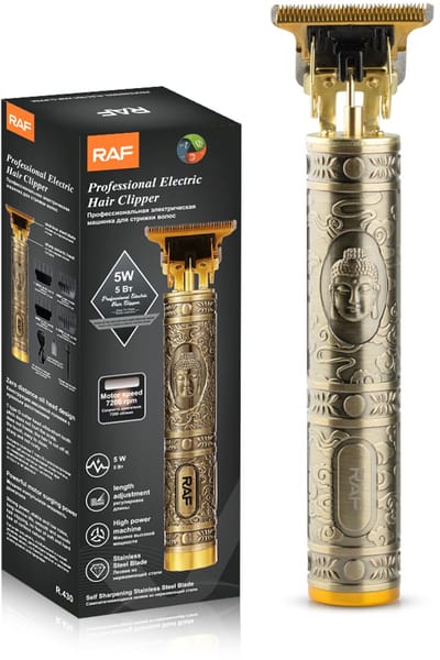 RAF - Professionele Hair Clipper – T-Blade Trimmer – 7200RPM – Zero-Gap – RVS Zelfslijpende Bladen – Buddha Design – Inclusief 4 Opzetkammen