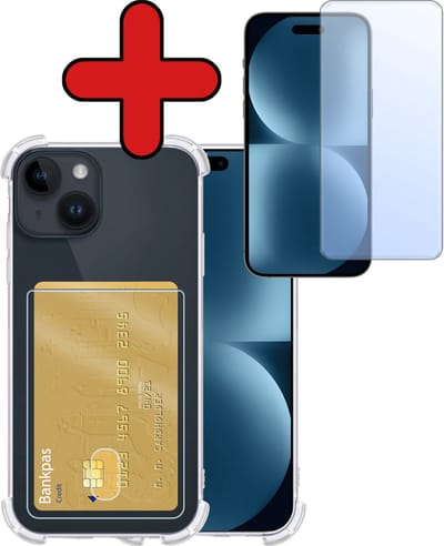 Hoesje - Geschikt voor Apple iPhone 15 - Met Screenprotector - Pashouder - Kaarthouder - Back Cover - Telefoon Hoes Shockproof - Siliconen Case - Shock Proof - Pasjes Houder - Telefoonhoes - Transparant