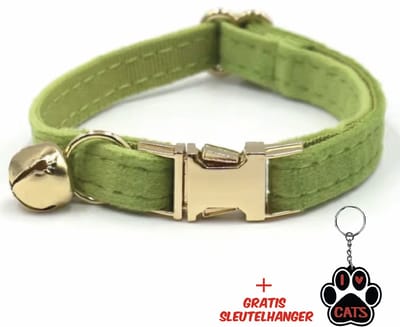 SilverAndCoco® - Licht Groene Katten Halsband met Bel met Gratis Sleutelhanger | Velvet Kat Kitten Bandje met belletje | Kattenhalsband Suède Gouden | Kleding Decoratie | Kattenbandje Huisdier - Groen / Goud