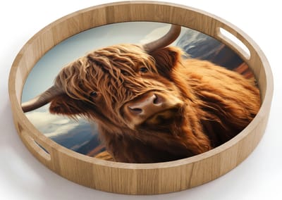 Dienblad rond 40x40 cm - Schootdienblad hout - Schotse hooglander - Hoorns - Bergen - Landschap - Borrelplank rechthoek - Plateau houten dienbladen