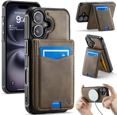 Casemania Hoesje Geschikt voor Apple iPhone 16 - Mahogany Brown - Geschikt voor MagSafe - Back Cover met Afneembare Magnetische Pasjeshouder met Standaard - Telefoonhoesje en Kaarthouder