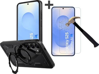 Hoesje Geschikt voor Samsung Galaxy S25 met gehard glas Screenprotector - Armor hoes met Ringhouder - Arara backcover - Zwart